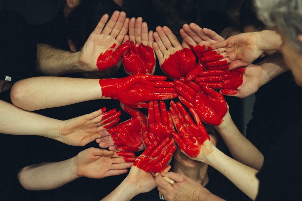 hands, heart, red paint